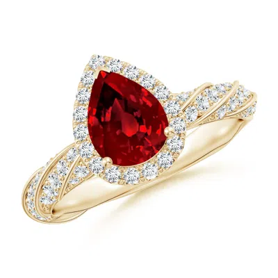 Angara Pear Lab-grown Ruby Halo Twisted Rope Shank Engagement Ring In Yellow Gold/deep Rich Red