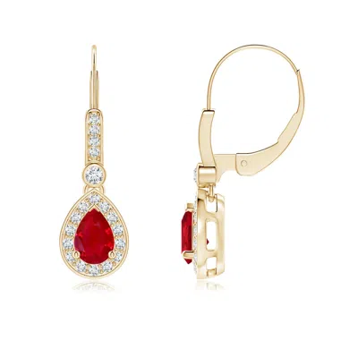 Angara Pear-shaped Ruby And Diamond Halo Drop Earrings In Yellow Gold/medium Red