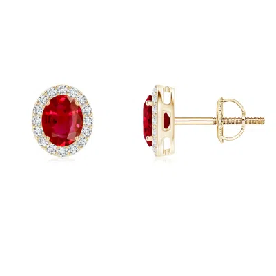 Angara Oval Ruby Studs With Diamond Halo In Yellow Gold/medium Red