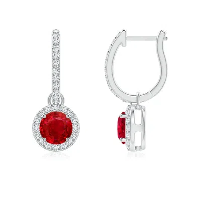 Angara Round Ruby Dangle Earrings With Diamond Halo In White Gold/medium Red