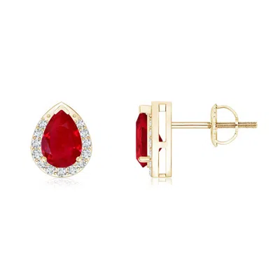 Angara Pear-shaped Ruby Stud Earrings With Diamond Halo In Yellow Gold/medium Red