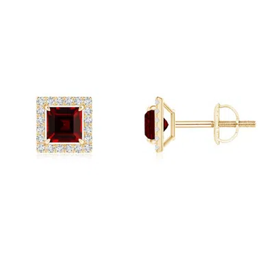 Angara Floating Square Garnet And Diamond Halo Stud Earrings In Yellow Gold/rich Red