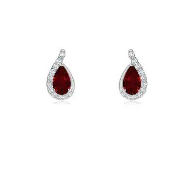 Angara Pear Ruby Earrings With Diamond Swirl Frame In White Gold/deep Rich Red