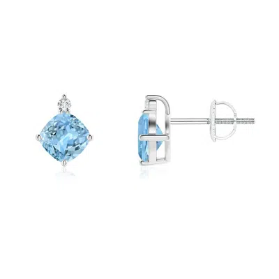 Angara Sideways Cushion Aquamarine Studs With Diamond Accent In Platinum/swiss Blue