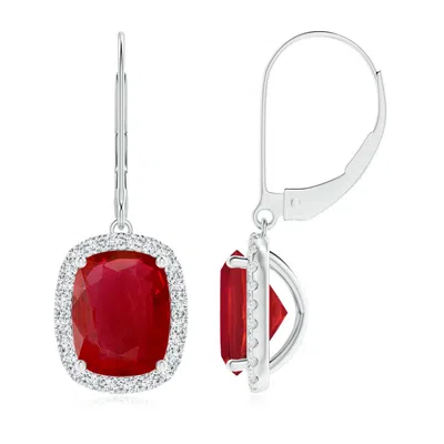 Angara Cushion Ruby Leverback Earrings With Diamond Halo In White Gold/medium Pinkish Red