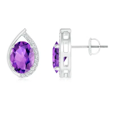 Angara Teardrop Framed Oval Amethyst Solitaire Stud Earrings In White Gold/medium Dark Purple