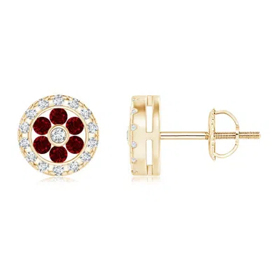 Angara Channel-set Ruby Flower Studs With Diamond Halo In Yellow Gold/deep Rich Red