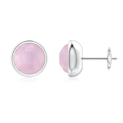 Angara Bezel Set Rose Quartz Solitaire Stud Earrings In White Gold/medium Pink