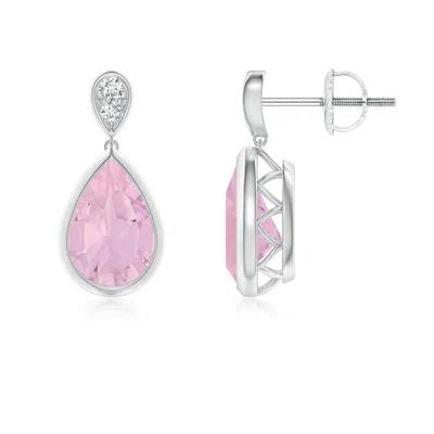 Angara Bezel-set Rose Quartz Teardrop Earrings With Diamond In White Gold/medium Dark Pink