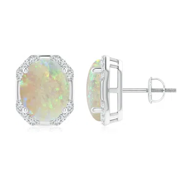 Angara Octagon Framed Oval Opal Earrings With Diamonds In White Gold/milky With Medium Play Of Colour