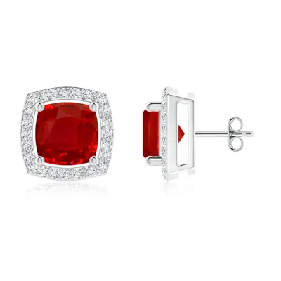 Angara Cushion Ruby Floating Halo Stud Earrings In White Gold/medium Red