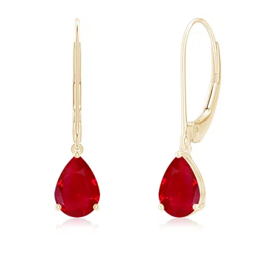 Angara Solitaire Pear-shaped Ruby Leverback Earrings In Yellow Gold/medium Red