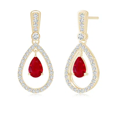 Angara Floating Ruby And Diamond Halo Teardrop Earrings In Yellow Gold/medium Red