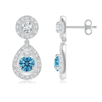 Angara Round Lab-grown Blue Diamond Teardrop Halo Earrings In White Gold/fancy Intense