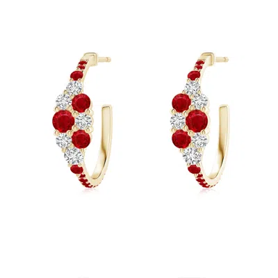 Angara Ruby & Diamond Cluster Asymmetrical Hoop Earrings In Yellow Gold/medium Red