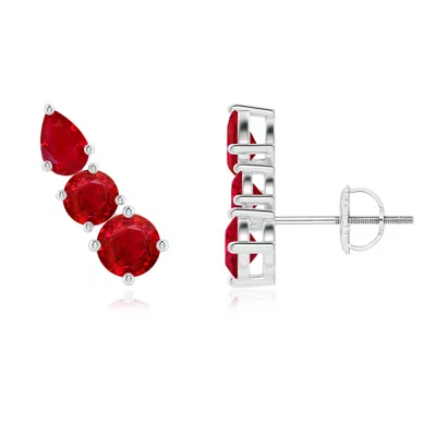 Angara Round And Pear Ruby Three Stone Climber Earrings In White Gold/medium Red
