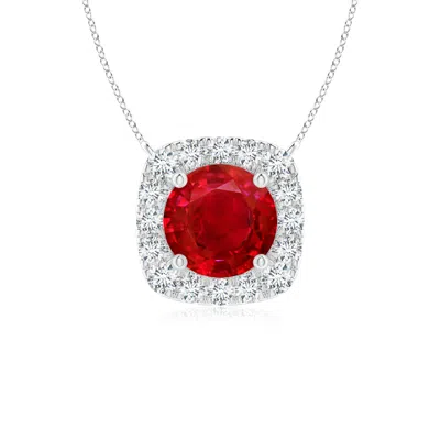 Angara Round Ruby Pendant With Cushion Halo In Platinum/medium Red