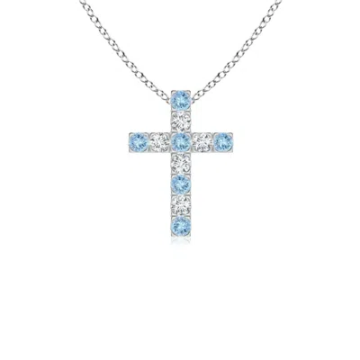 Angara Flat Prong-set Aquamarine And Diamond Cross Pendant In White Gold/light Swiss Blue