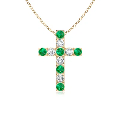 Angara Flat Prong-set Emerald And Diamond Cross Pendant In Yellow Gold/rich Medium Green