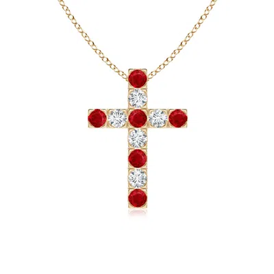 Angara Flat Prong-set Ruby And Diamond Cross Pendant In Yellow Gold/medium Red