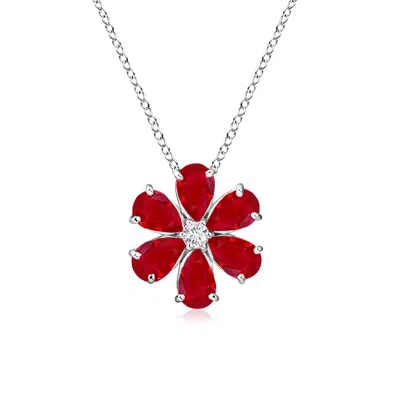 Angara Ruby Flower Cluster Pendant With Diamond In White Gold/medium Red