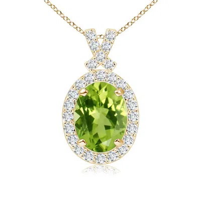 Angara Vintage Style Peridot Pendant With Diamond Halo In Yellow Gold/yellowish Green