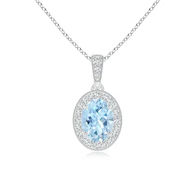 Angara Vintage Style Oval Aquamarine Pendant With Diamond Halo In White Gold/light Swiss Blue