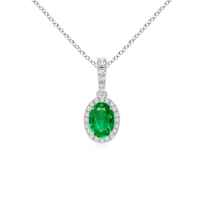 Angara Vintage Style Oval Emerald Halo Pendant In Platinum/rich Medium Green