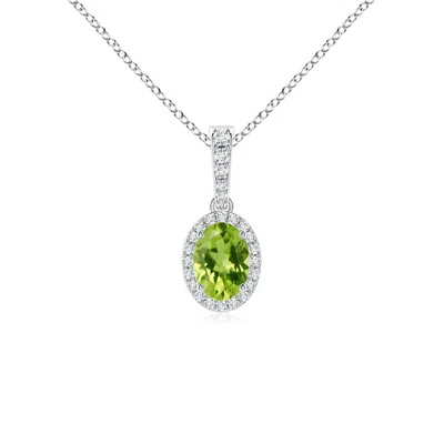 Angara Vintage Style Oval Peridot Halo Pendant In White Gold/yellowish Green