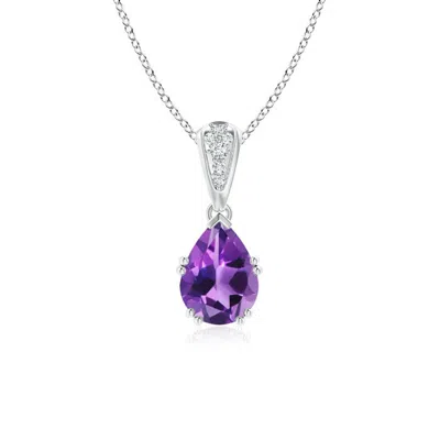 Angara Vintage Style Pear Amethyst Drop Pendant With Diamonds In White Gold/medium Dark Purple