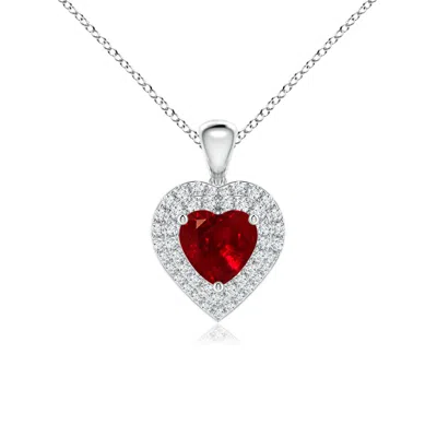 Angara Ruby Heart Pendant With Diamond Double Halo In White Gold/deep Rich Red