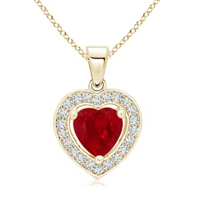 Angara Floating Ruby Heart Pendant With Diamond Halo In Yellow Gold/medium Red