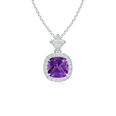 Angara Vintage Inspired Cushion Amethyst Halo Pendant In White Gold/dark Purple