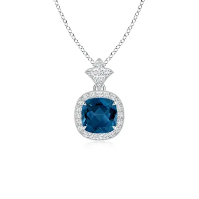 Angara Vintage Inspired Cushion London Blue Topaz Halo Pendant In White Gold/greenish Blue