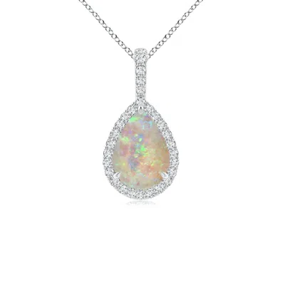 Angara Opal Teardrop Pendant With Diamond Halo In White Gold/milky With High Play Of Colour