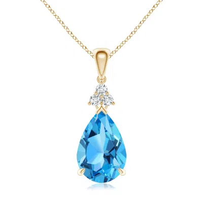 Angara Claw-set Swiss Blue Topaz Drop Pendant With Trio Diamonds In Yellow Gold/light Swiss Blue