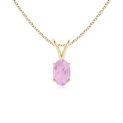 Angara Prong-set Oval Rose Quartz V-bale Solitaire Pendant In Yellow Gold/medium-dark Pink