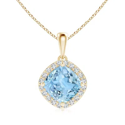 Angara Sideways Cushion Aquamarine And Diamond Halo Pendant In Yellow Gold/swiss Blue