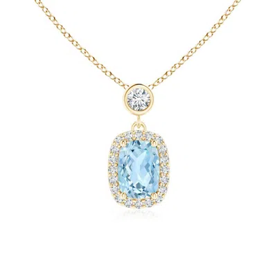 Angara Dangling Cushion Aquamarine And Diamond Halo Pendant In Yellow Gold/light Swiss Blue