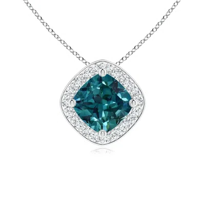 Angara Sideways Cushion Teal Montana Sapphire Halo Pendant With Diamonds In White Gold/medium Greenish Blue