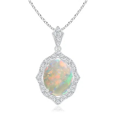 Angara Scalloped Frame Oval Opal And Diamond Halo Pendant In White Gold/milky With High Play Of Colour