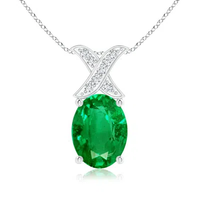 Angara Oval Emerald Xo Pendant With Diamonds In White Gold/rich Medium Green