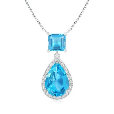 Angara Square And Pear Swiss Blue Topaz Pendant With Diamond Halo In White Gold/light Swiss Blue