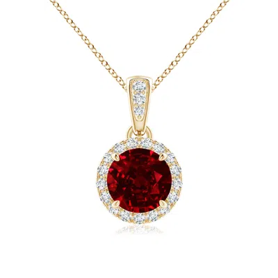 Angara Claw-set Round Ruby Pendant With Diamond Halo In Yellow Gold/deep Rich Red