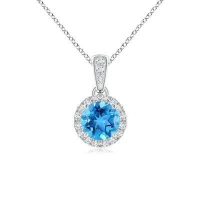 Angara Claw-set Round Swiss Blue Topaz Pendant With Diamond Halo In White Gold/light Swiss Blue