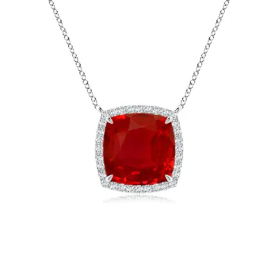 Angara Cushion Ruby Halo Pendant With Filigree In White Gold/medium Red