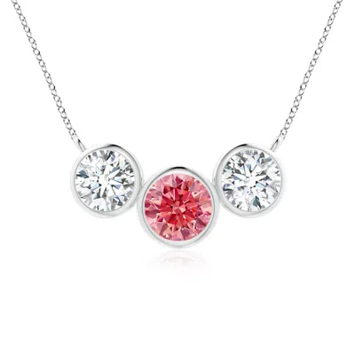 Angara Three Stone Bezel-set Round Fancy Intense Pink And White Diamond Pendant In White Gold/fancy Intense