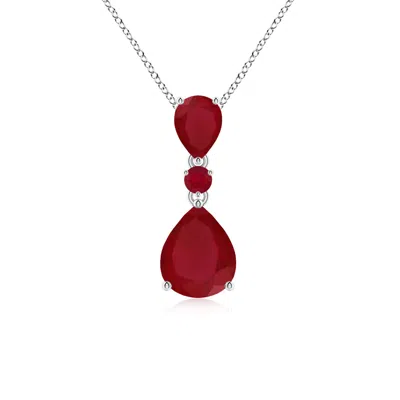 Angara Pear And Round Ruby Three Stone Pendant In White Gold/medium Pinkish Red