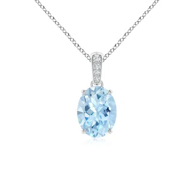 Angara Prong-set Oval Aquamarine Pendant With Diamond Bale In White Gold/light Swiss Blue