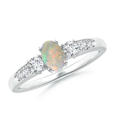 Angara Three Stone Opal And Diamond Ring With Accents In White Gold/milky With High Play Of Colour